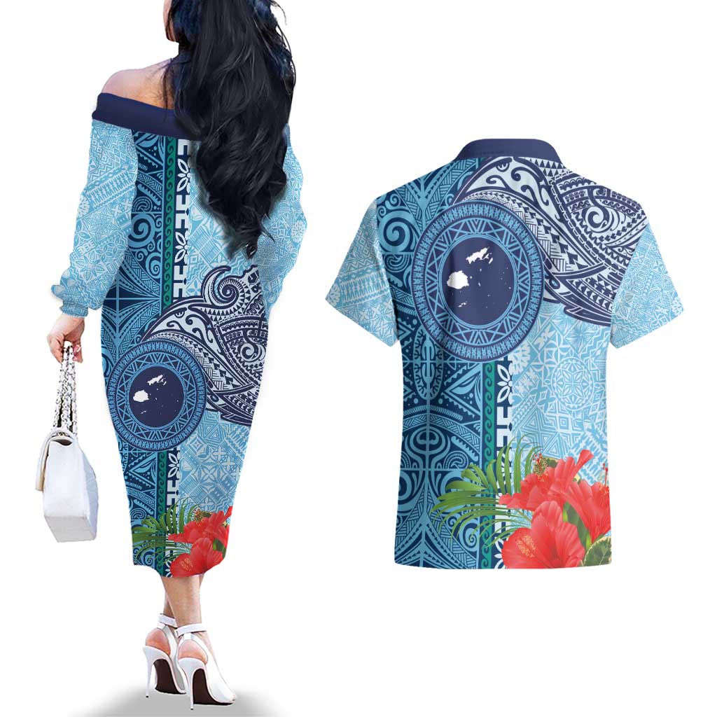 Fiji Day Couples Matching Off The Shoulder Long Sleeve Dress and Hawaiian Shirt Tapa Pattern and Hibiscus Flower LT03 - Polynesian Pride