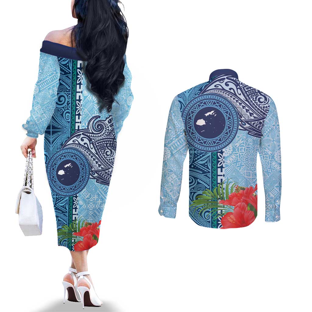 Fiji Day Couples Matching Off The Shoulder Long Sleeve Dress and Long Sleeve Button Shirt Tapa Pattern and Hibiscus Flower