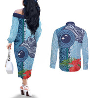Fiji Day Couples Matching Off The Shoulder Long Sleeve Dress and Long Sleeve Button Shirt Tapa Pattern and Hibiscus Flower