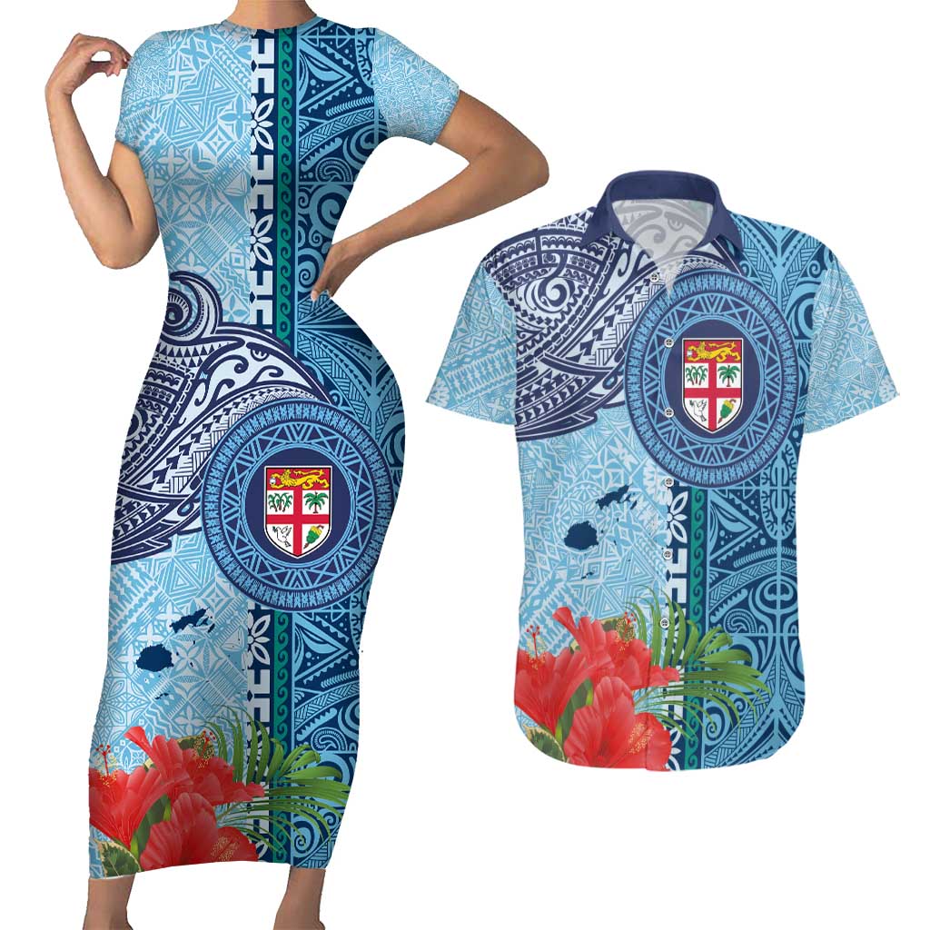 Fiji Day Couples Matching Short Sleeve Bodycon Dress and Hawaiian Shirt Tapa Pattern and Hibiscus Flower LT03 Blue - Polynesian Pride