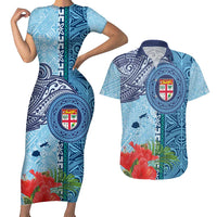 Fiji Day Couples Matching Short Sleeve Bodycon Dress and Hawaiian Shirt Tapa Pattern and Hibiscus Flower LT03 Blue - Polynesian Pride