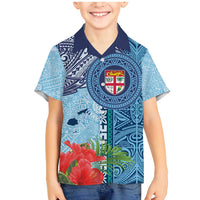 Fiji Day Family Matching Mermaid Dress and Hawaiian Shirt Tapa Pattern and Hibiscus Flower LT03 Son's Shirt Blue - Polynesian Pride