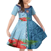 Fiji Day Family Matching Off The Shoulder Long Sleeve Dress and Hawaiian Shirt Tapa Pattern and Hibiscus Flower LT03 Daughter's Dress Blue - Polynesian Pride
