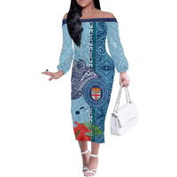 Fiji Day Family Matching Off The Shoulder Long Sleeve Dress and Hawaiian Shirt Tapa Pattern and Hibiscus Flower LT03 Mom's Dress Blue - Polynesian Pride