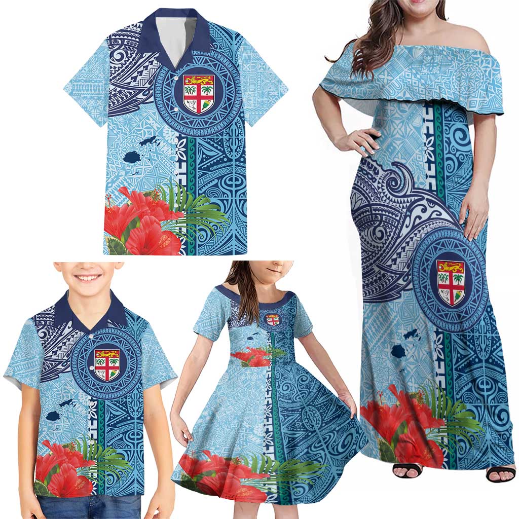 Fiji Day Family Matching Off Shoulder Maxi Dress and Hawaiian Shirt Tapa Pattern and Hibiscus Flower LT03 - Polynesian Pride