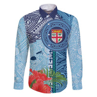 Fiji Day Family Matching Off Shoulder Maxi Dress and Hawaiian Shirt Tapa Pattern and Hibiscus Flower LT03 Dad's Shirt - Long Sleeve Blue - Polynesian Pride