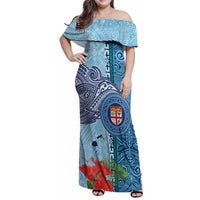 Fiji Day Family Matching Off Shoulder Maxi Dress and Hawaiian Shirt Tapa Pattern and Hibiscus Flower LT03 Mom's Dress Blue - Polynesian Pride