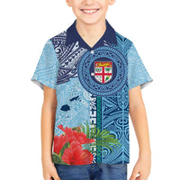Fiji Day Family Matching Off Shoulder Maxi Dress and Hawaiian Shirt Tapa Pattern and Hibiscus Flower LT03 Son's Shirt Blue - Polynesian Pride