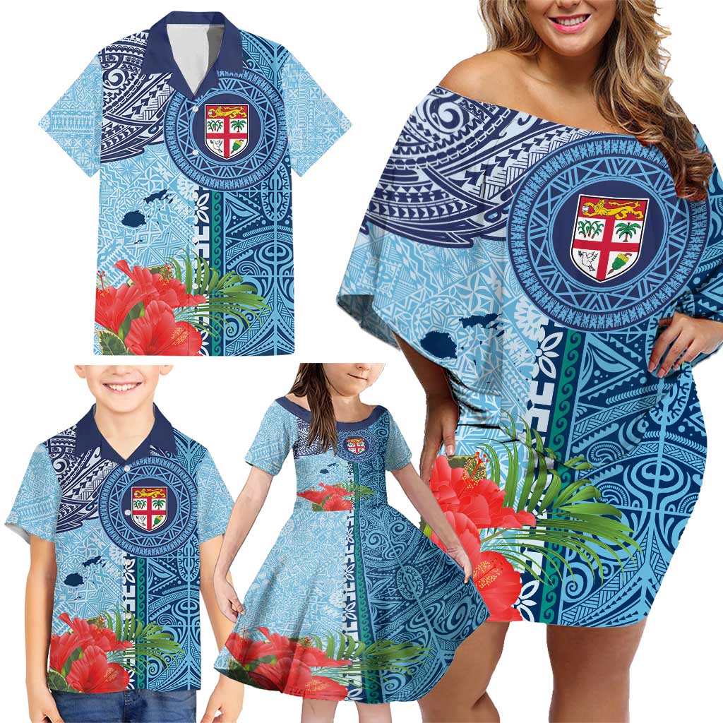 Fiji Day Family Matching Off Shoulder Short Dress and Hawaiian Shirt Tapa Pattern and Hibiscus Flower LT03 - Polynesian Pride