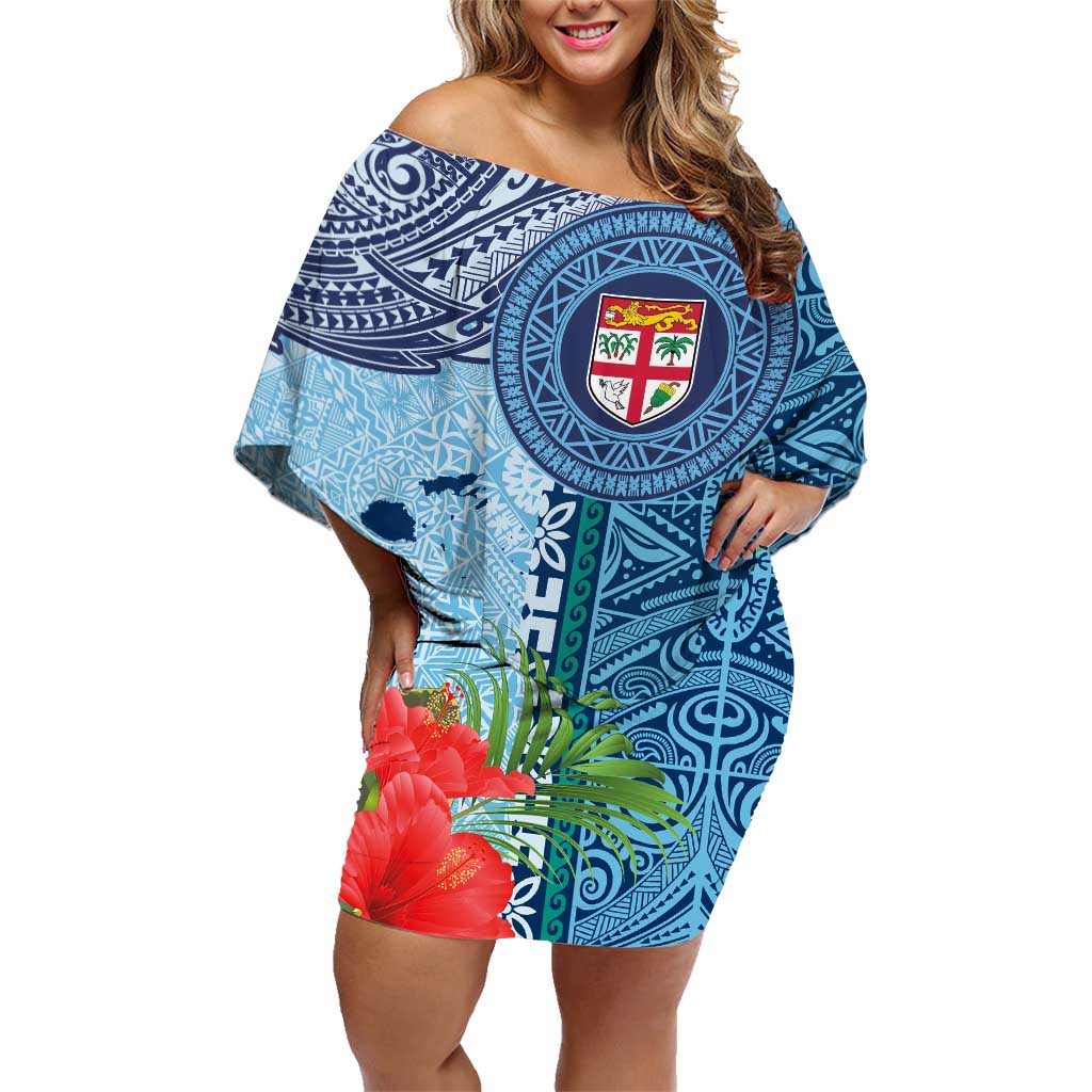 Fiji Day Family Matching Off Shoulder Short Dress and Hawaiian Shirt Tapa Pattern and Hibiscus Flower LT03 Mom's Dress Blue - Polynesian Pride