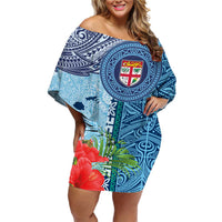 Fiji Day Family Matching Off Shoulder Short Dress and Hawaiian Shirt Tapa Pattern and Hibiscus Flower LT03 Mom's Dress Blue - Polynesian Pride