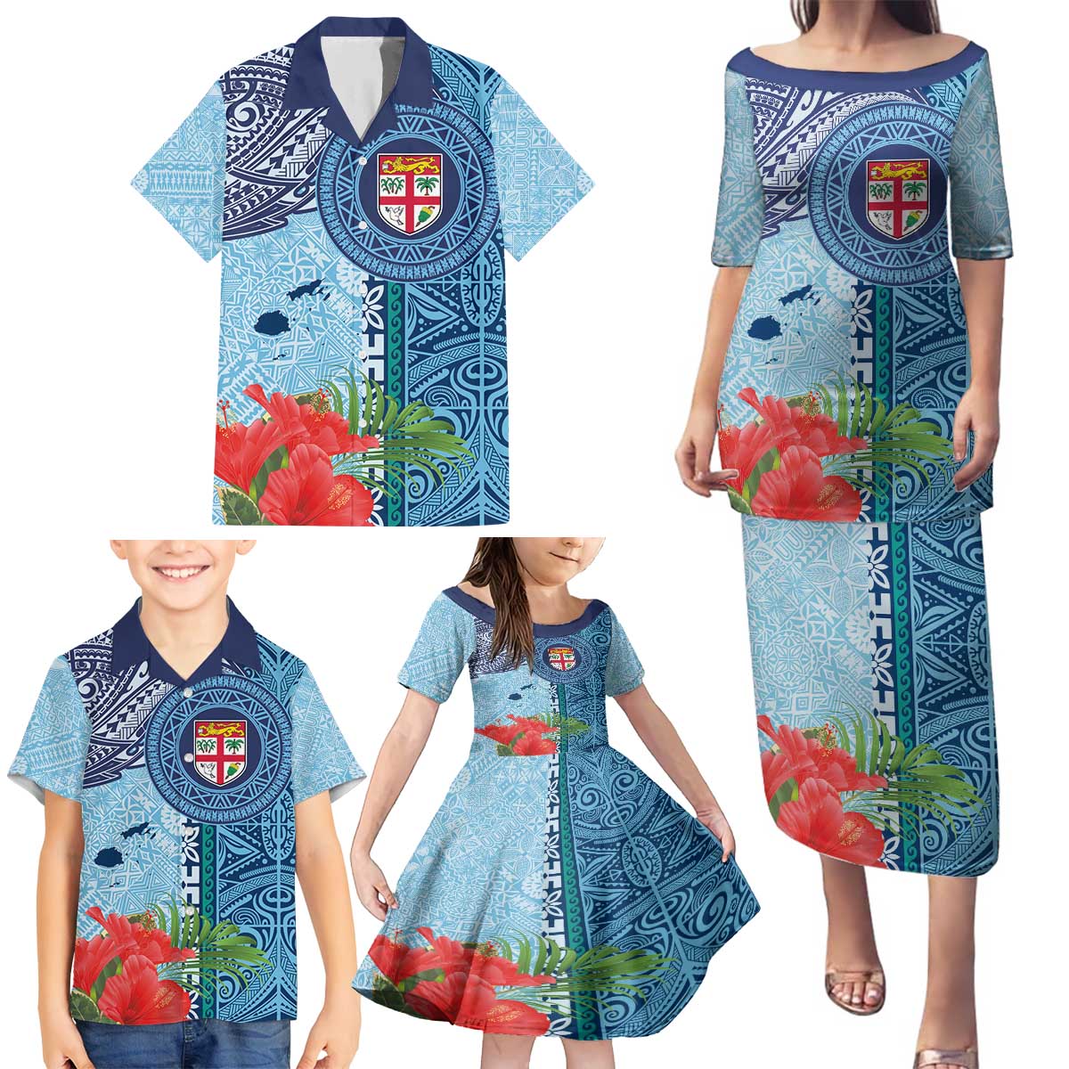 Fiji Day Family Matching Puletasi and Hawaiian Shirt Tapa Pattern and Hibiscus Flower LT03 - Polynesian Pride