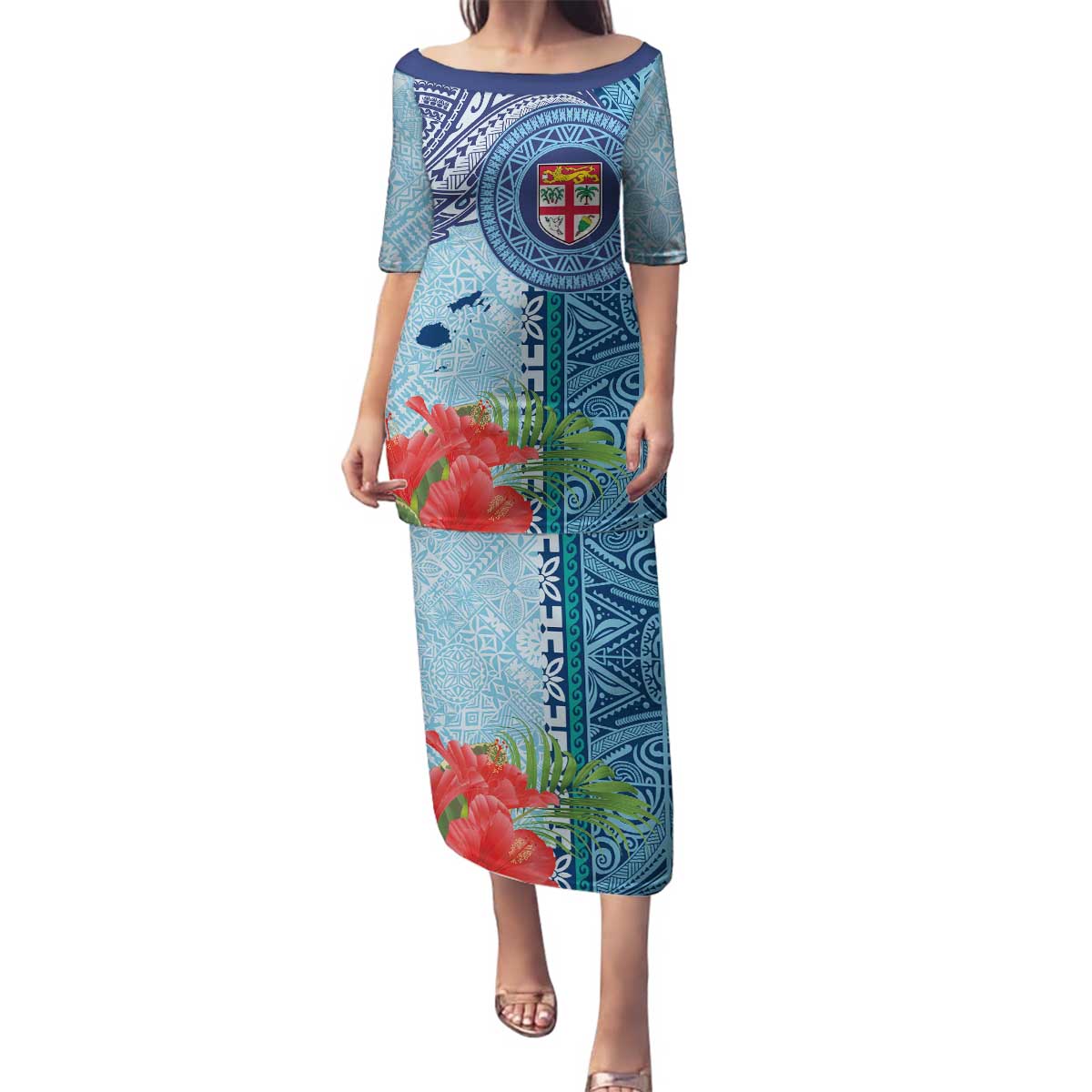 Fiji Day Family Matching Puletasi and Hawaiian Shirt Tapa Pattern and Hibiscus Flower LT03 Mom's Dress Blue - Polynesian Pride