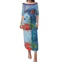 Fiji Day Family Matching Puletasi and Hawaiian Shirt Tapa Pattern and Hibiscus Flower LT03 Mom's Dress Blue - Polynesian Pride
