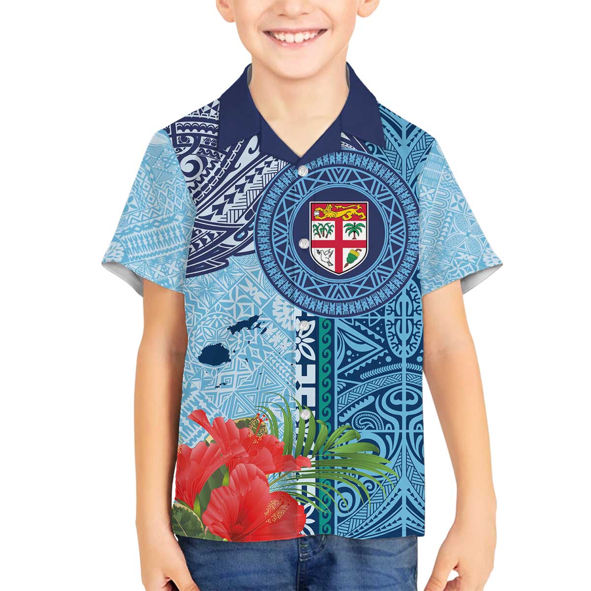Fiji Day Family Matching Puletasi and Hawaiian Shirt Tapa Pattern and Hibiscus Flower LT03 Son's Shirt Blue - Polynesian Pride