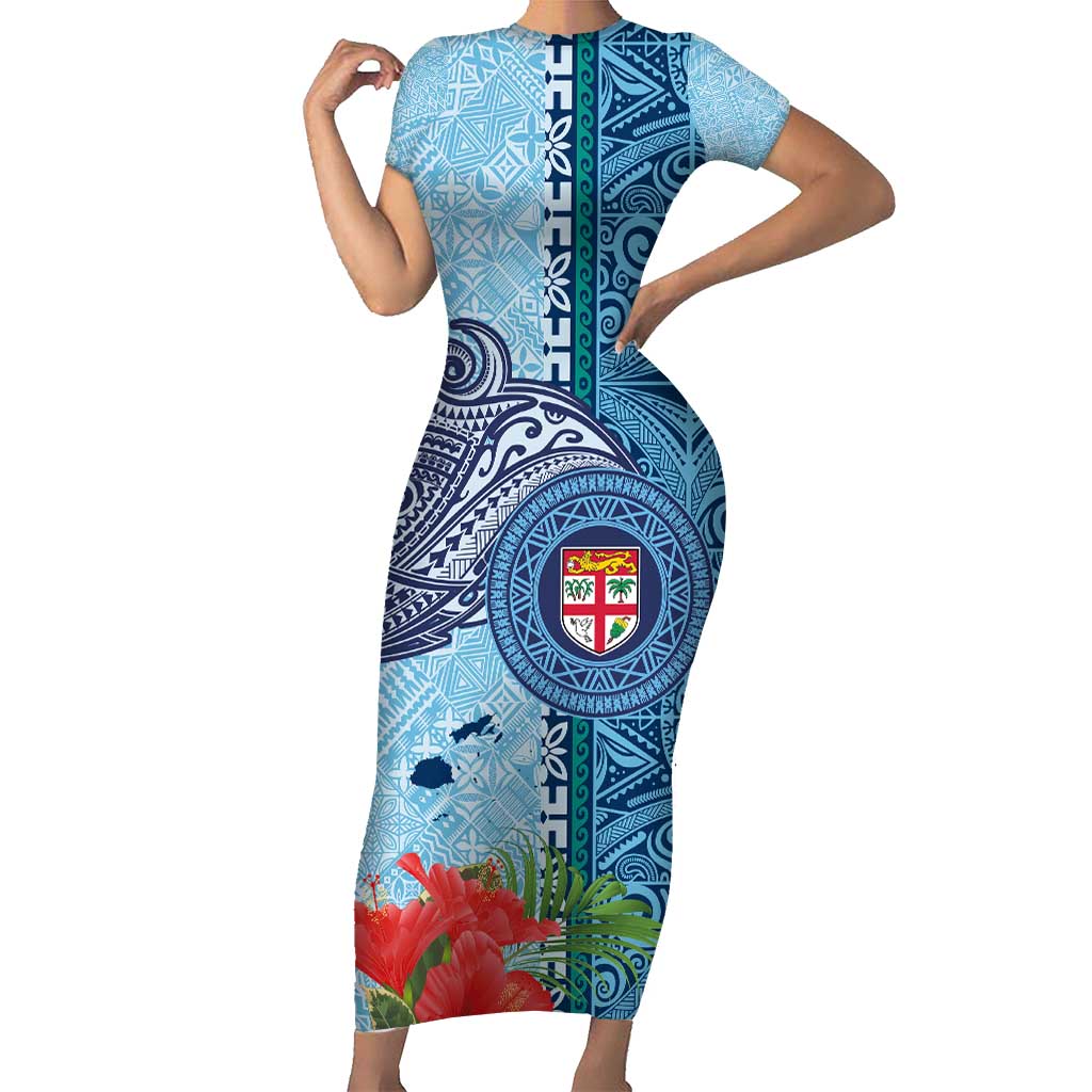 Fiji Day Family Matching Short Sleeve Bodycon Dress and Hawaiian Shirt Tapa Pattern and Hibiscus Flower LT03 Mom's Dress Blue - Polynesian Pride