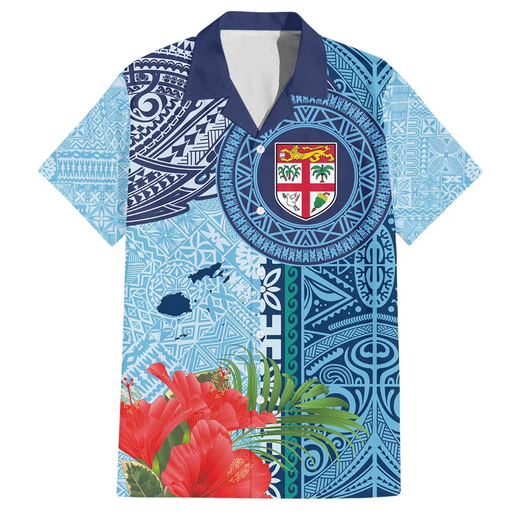 Fiji Day Family Matching Summer Maxi Dress and Hawaiian Shirt Tapa Pattern and Hibiscus Flower LT03 Dad's Shirt - Short Sleeve Blue - Polynesian Pride