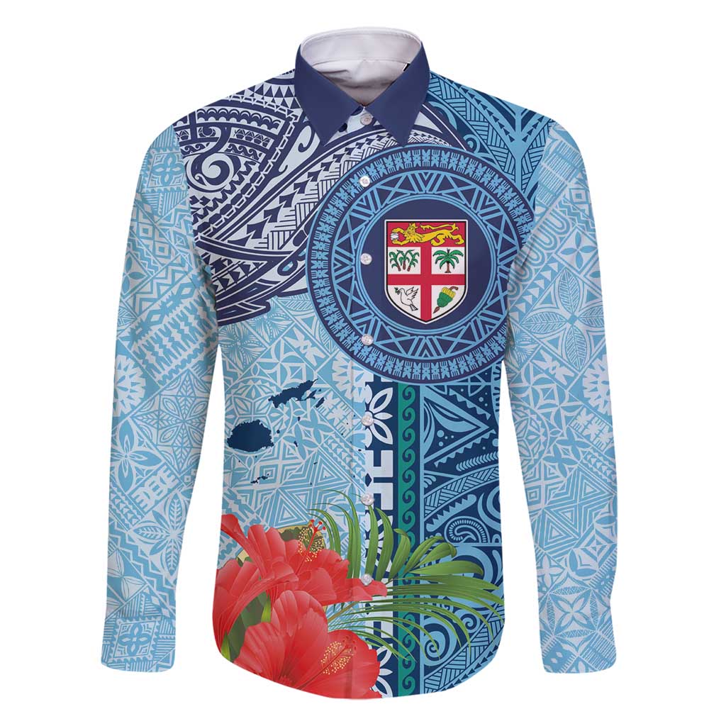 Fiji Day Family Matching Summer Maxi Dress and Hawaiian Shirt Tapa Pattern and Hibiscus Flower LT03 Dad's Shirt - Long Sleeve Blue - Polynesian Pride