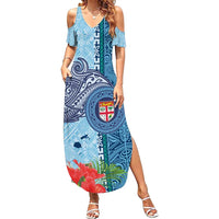 Fiji Day Family Matching Summer Maxi Dress and Hawaiian Shirt Tapa Pattern and Hibiscus Flower LT03 Mom's Dress Blue - Polynesian Pride
