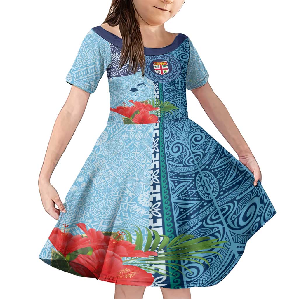 Fiji Day Family Matching Tank Maxi Dress and Hawaiian Shirt Tapa Pattern and Hibiscus Flower LT03 Daughter's Dress Blue - Polynesian Pride