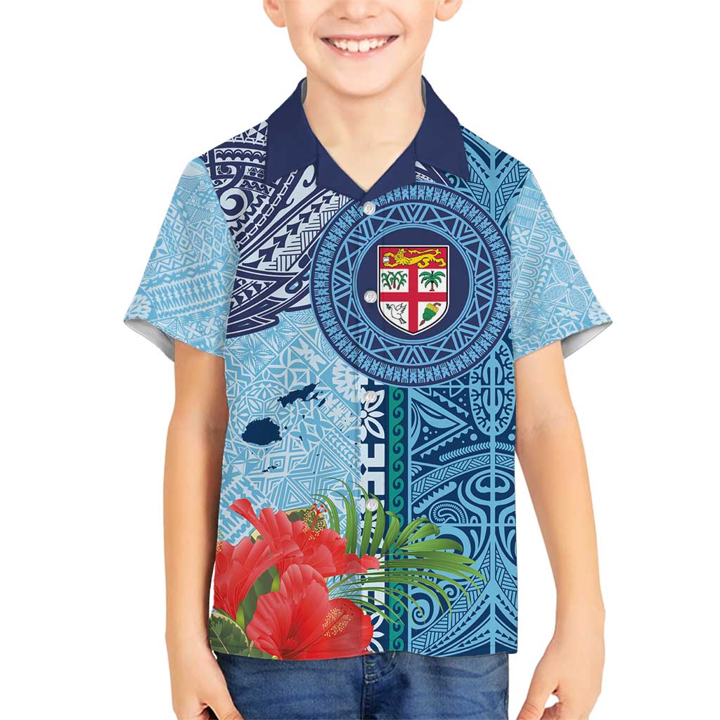 Fiji Day Family Matching Tank Maxi Dress and Hawaiian Shirt Tapa Pattern and Hibiscus Flower LT03 Son's Shirt Blue - Polynesian Pride