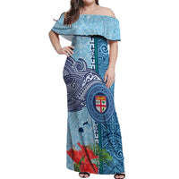 Fiji Day Off Shoulder Maxi Dress Tapa Pattern and Hibiscus Flower LT03 Women Blue - Polynesian Pride