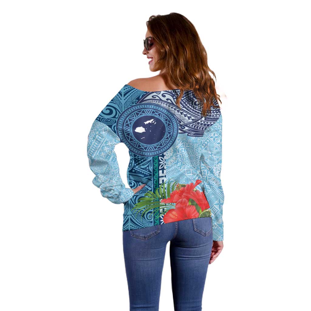 Fiji Day Off Shoulder Sweater Tapa Pattern and Hibiscus Flower