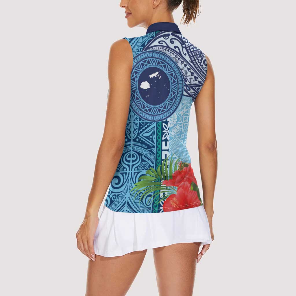 Fiji Day Women Sleeveless Polo Shirt Tapa Pattern and Hibiscus Flower