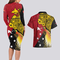 Papua New Guinea Independence Day Couples Matching Long Sleeve Bodycon Dress and Hawaiian Shirt Bird-of-Paradise with Map and Polynesian Pattern LT03 - Polynesian Pride