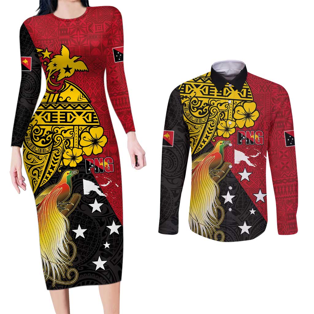 Papua New Guinea Independence Day Couples Matching Long Sleeve Bodycon Dress and Long Sleeve Button Shirt Bird-of-Paradise with Map and Polynesian Pattern LT03 Black - Polynesian Pride