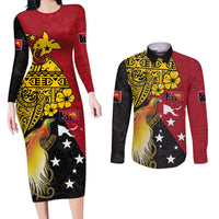Papua New Guinea Independence Day Couples Matching Long Sleeve Bodycon Dress and Long Sleeve Button Shirt Bird-of-Paradise with Map and Polynesian Pattern LT03 Black - Polynesian Pride