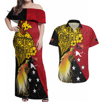 Papua New Guinea Independence Day Couples Matching Off Shoulder Maxi Dress and Hawaiian Shirt Bird-of-Paradise with Map and Polynesian Pattern LT03 Black - Polynesian Pride