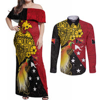 Papua New Guinea Independence Day Couples Matching Off Shoulder Maxi Dress and Long Sleeve Button Shirt Bird-of-Paradise with Map and Polynesian Pattern LT03 Black - Polynesian Pride
