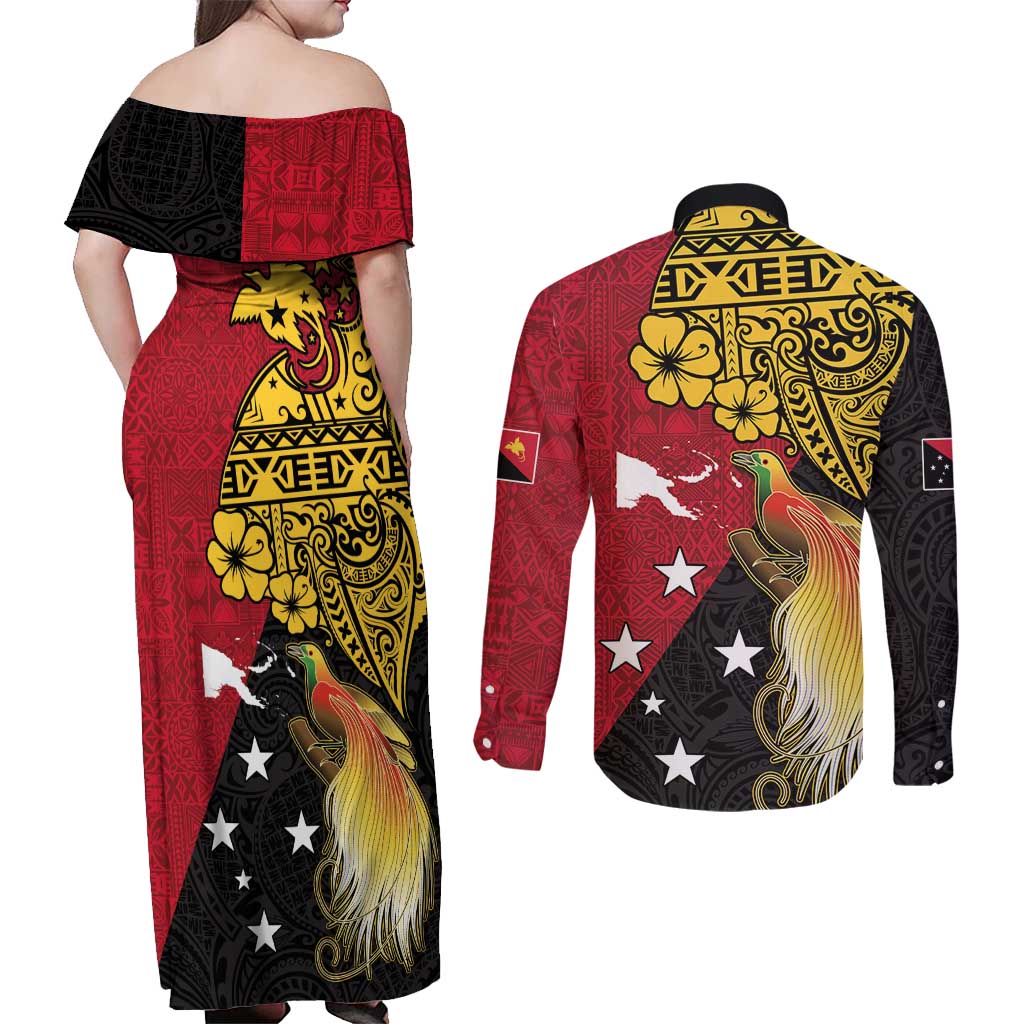 Papua New Guinea Independence Day Couples Matching Off Shoulder Maxi Dress and Long Sleeve Button Shirt Bird-of-Paradise with Map and Polynesian Pattern LT03 - Polynesian Pride