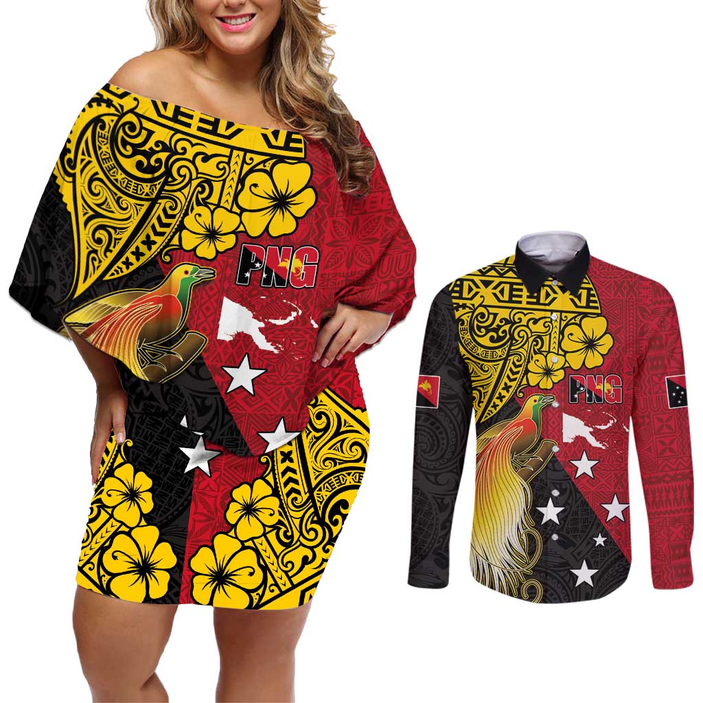 Papua New Guinea Independence Day Couples Matching Off Shoulder Short Dress and Long Sleeve Button Shirt Bird-of-Paradise with Map and Polynesian Pattern LT03 Black - Polynesian Pride