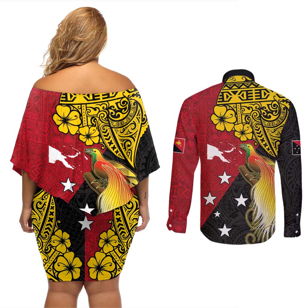 Papua New Guinea Independence Day Couples Matching Off Shoulder Short Dress and Long Sleeve Button Shirt Bird-of-Paradise with Map and Polynesian Pattern LT03 - Polynesian Pride