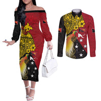 Papua New Guinea Independence Day Couples Matching Off The Shoulder Long Sleeve Dress and Long Sleeve Button Shirt Bird-of-Paradise with Map and Polynesian Pattern LT03 Black - Polynesian Pride