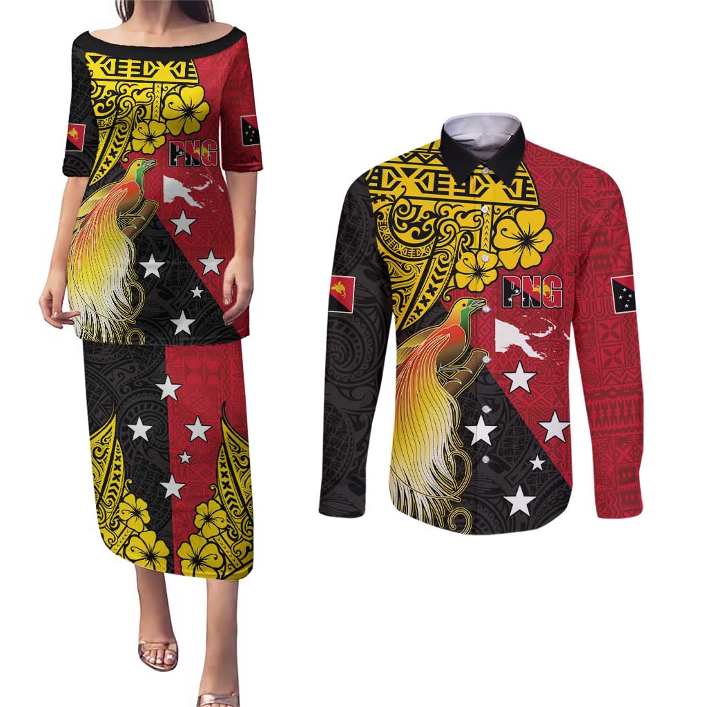 Papua New Guinea Independence Day Couples Matching Puletasi and Long Sleeve Button Shirt Bird-of-Paradise with Map and Polynesian Pattern