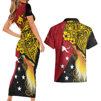 Papua New Guinea Independence Day Couples Matching Short Sleeve Bodycon Dress and Hawaiian Shirt Bird-of-Paradise with Map and Polynesian Pattern LT03 - Polynesian Pride