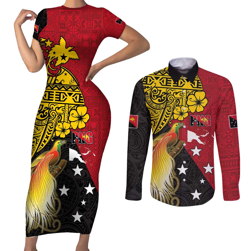 Papua New Guinea Independence Day Couples Matching Short Sleeve Bodycon Dress and Long Sleeve Button Shirt Bird-of-Paradise with Map and Polynesian Pattern LT03 Black - Polynesian Pride