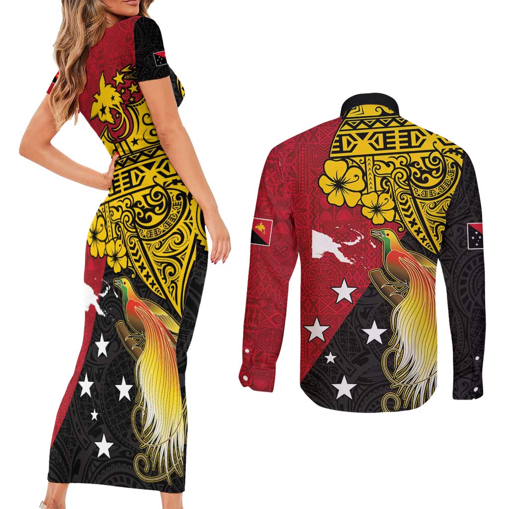 Papua New Guinea Independence Day Couples Matching Short Sleeve Bodycon Dress and Long Sleeve Button Shirt Bird-of-Paradise with Map and Polynesian Pattern LT03 - Polynesian Pride