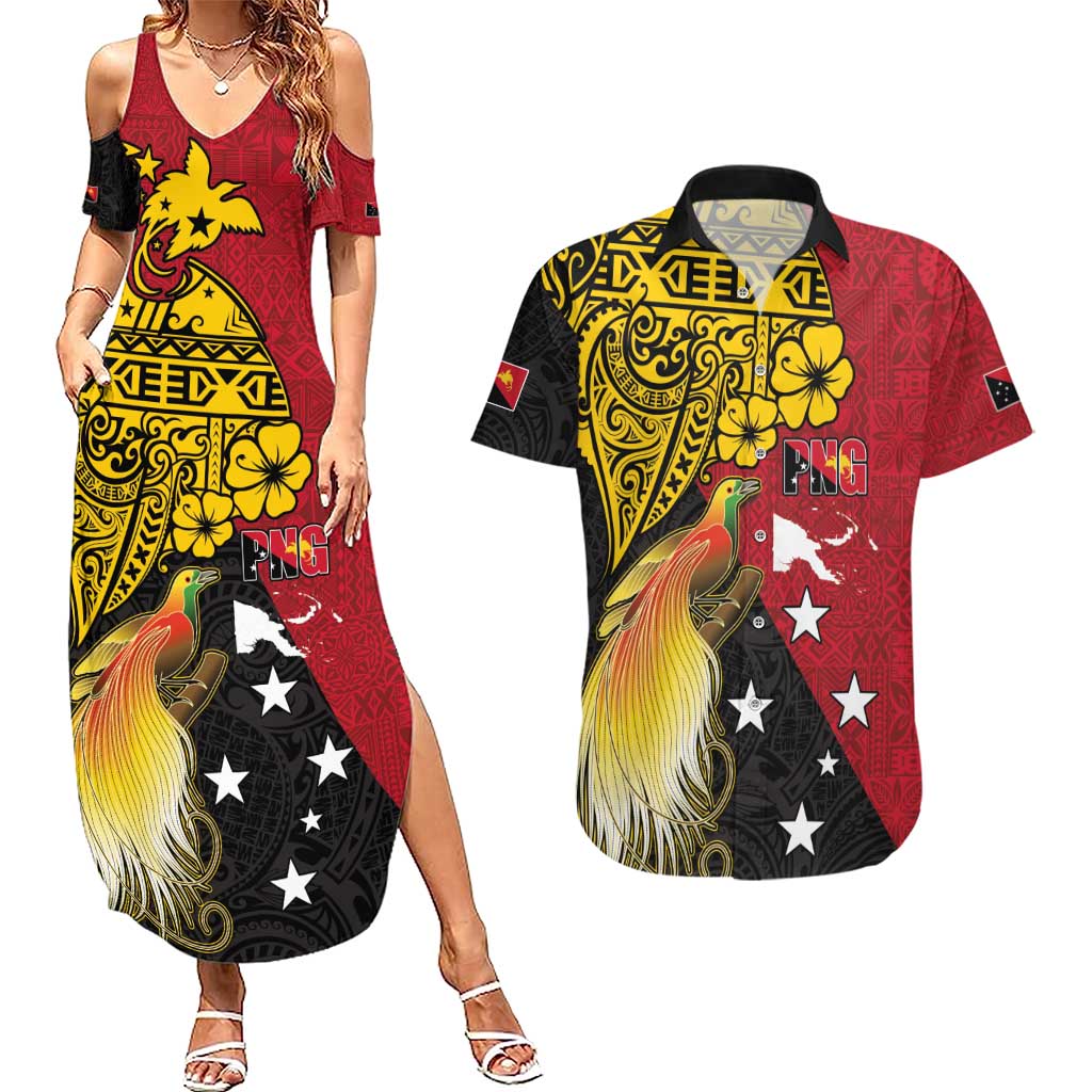 Papua New Guinea Independence Day Couples Matching Summer Maxi Dress and Hawaiian Shirt Bird-of-Paradise with Map and Polynesian Pattern LT03 Black - Polynesian Pride