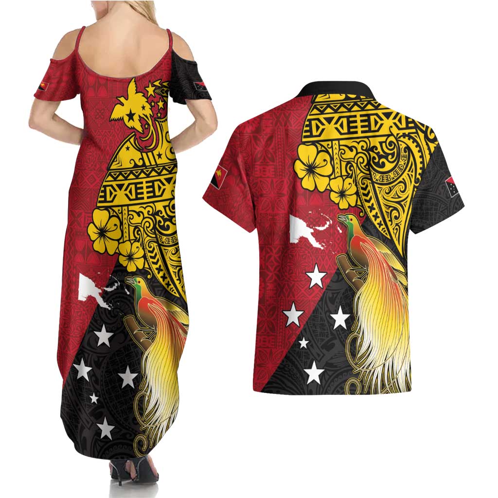 Papua New Guinea Independence Day Couples Matching Summer Maxi Dress and Hawaiian Shirt Bird-of-Paradise with Map and Polynesian Pattern LT03 - Polynesian Pride