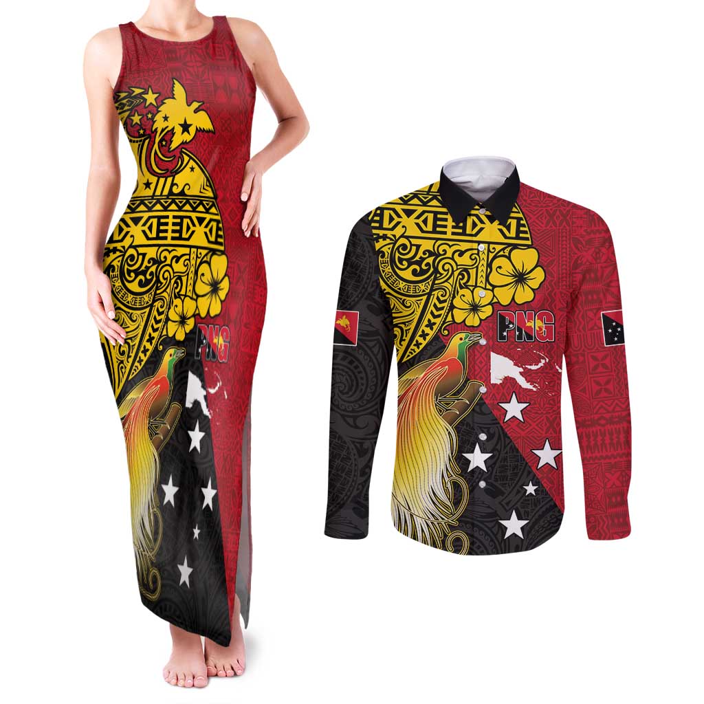 Papua New Guinea Independence Day Couples Matching Tank Maxi Dress and Long Sleeve Button Shirt Bird-of-Paradise with Map and Polynesian Pattern LT03 Black - Polynesian Pride