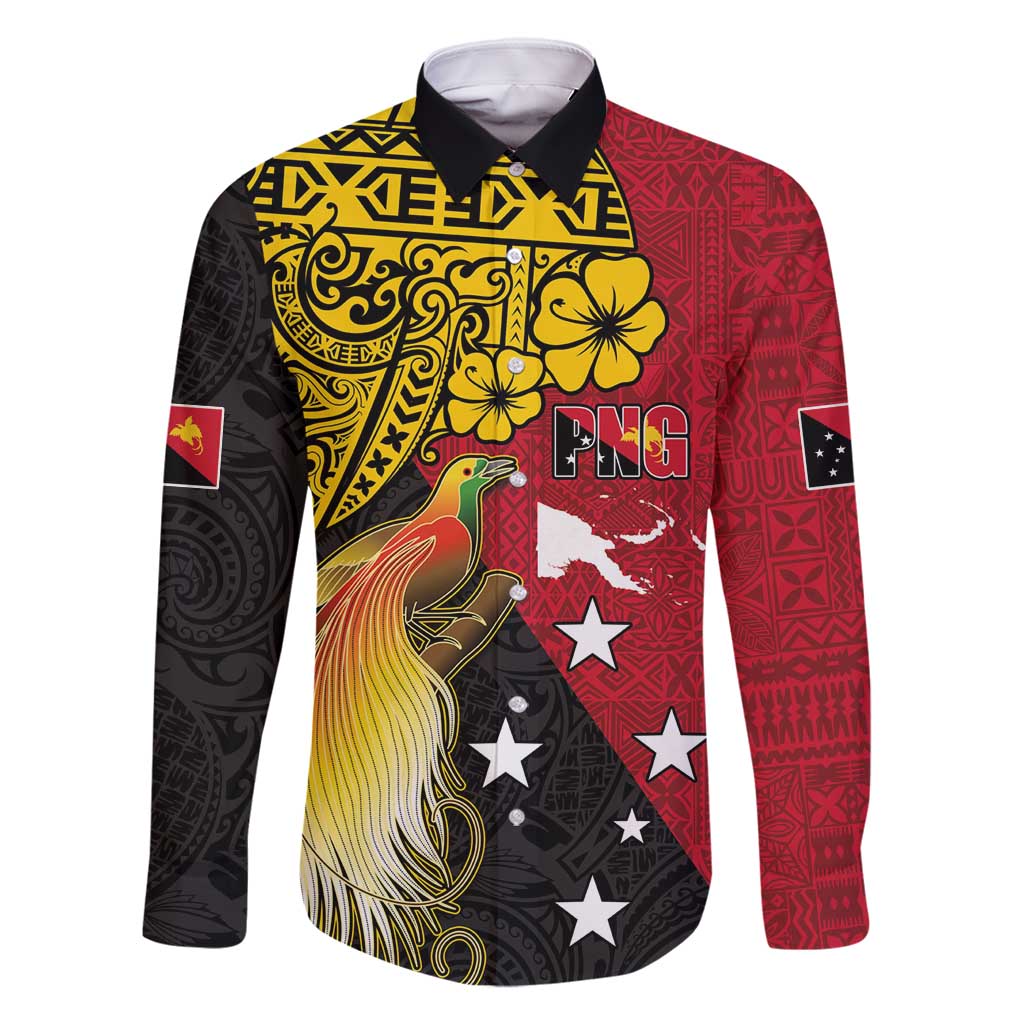 Papua New Guinea Independence Day Family Matching Long Sleeve Bodycon Dress and Hawaiian Shirt Bird-of-Paradise with Map and Polynesian Pattern LT03 Dad's Shirt - Long Sleeve Black - Polynesian Pride