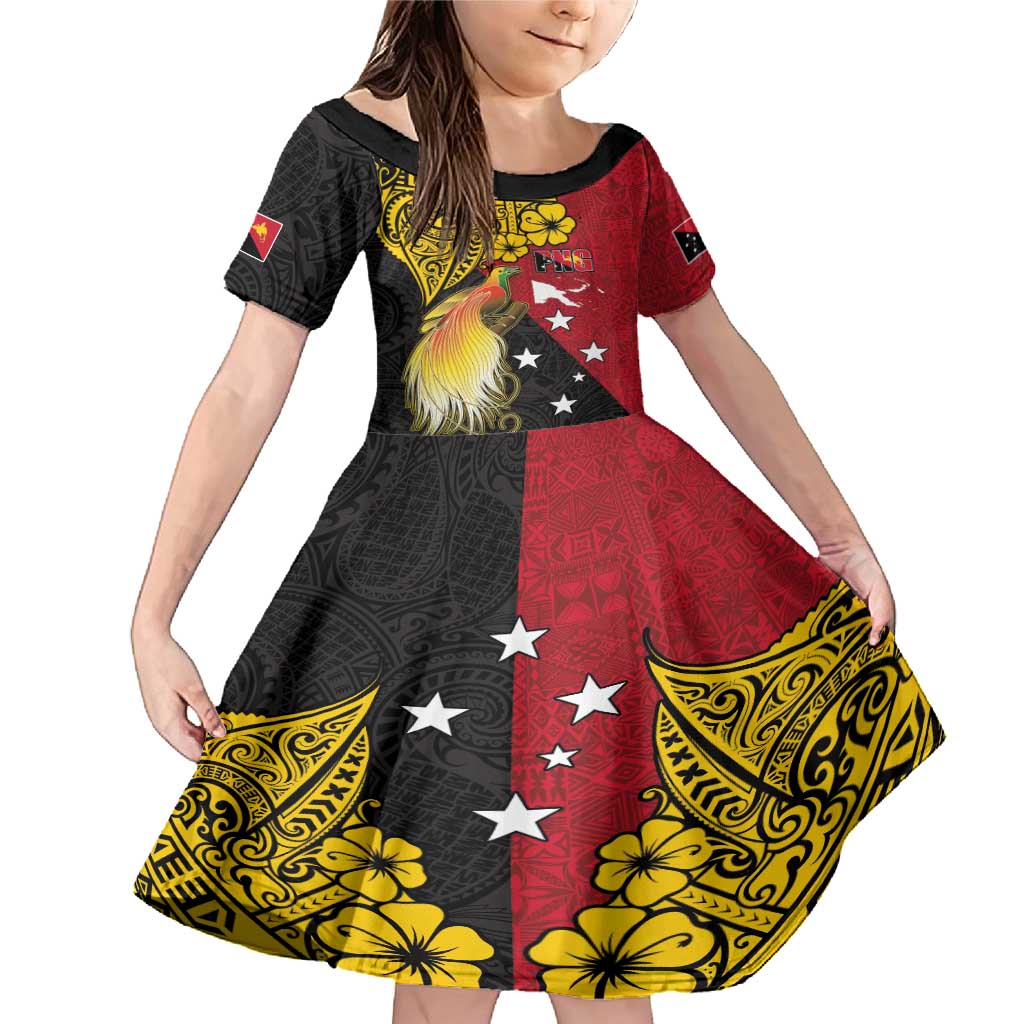 Papua New Guinea Independence Day Family Matching Mermaid Dress and Hawaiian Shirt Bird-of-Paradise with Map and Polynesian Pattern LT03 Daughter's Dress Black - Polynesian Pride