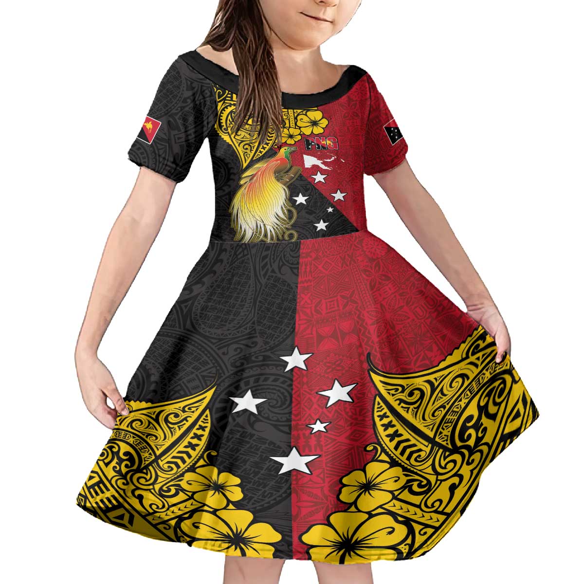 Papua New Guinea Independence Day Family Matching Off The Shoulder Long Sleeve Dress and Hawaiian Shirt Bird-of-Paradise with Map and Polynesian Pattern LT03 Daughter's Dress Black - Polynesian Pride