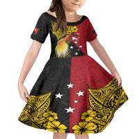 Papua New Guinea Independence Day Family Matching Off The Shoulder Long Sleeve Dress and Hawaiian Shirt Bird-of-Paradise with Map and Polynesian Pattern LT03 Daughter's Dress Black - Polynesian Pride