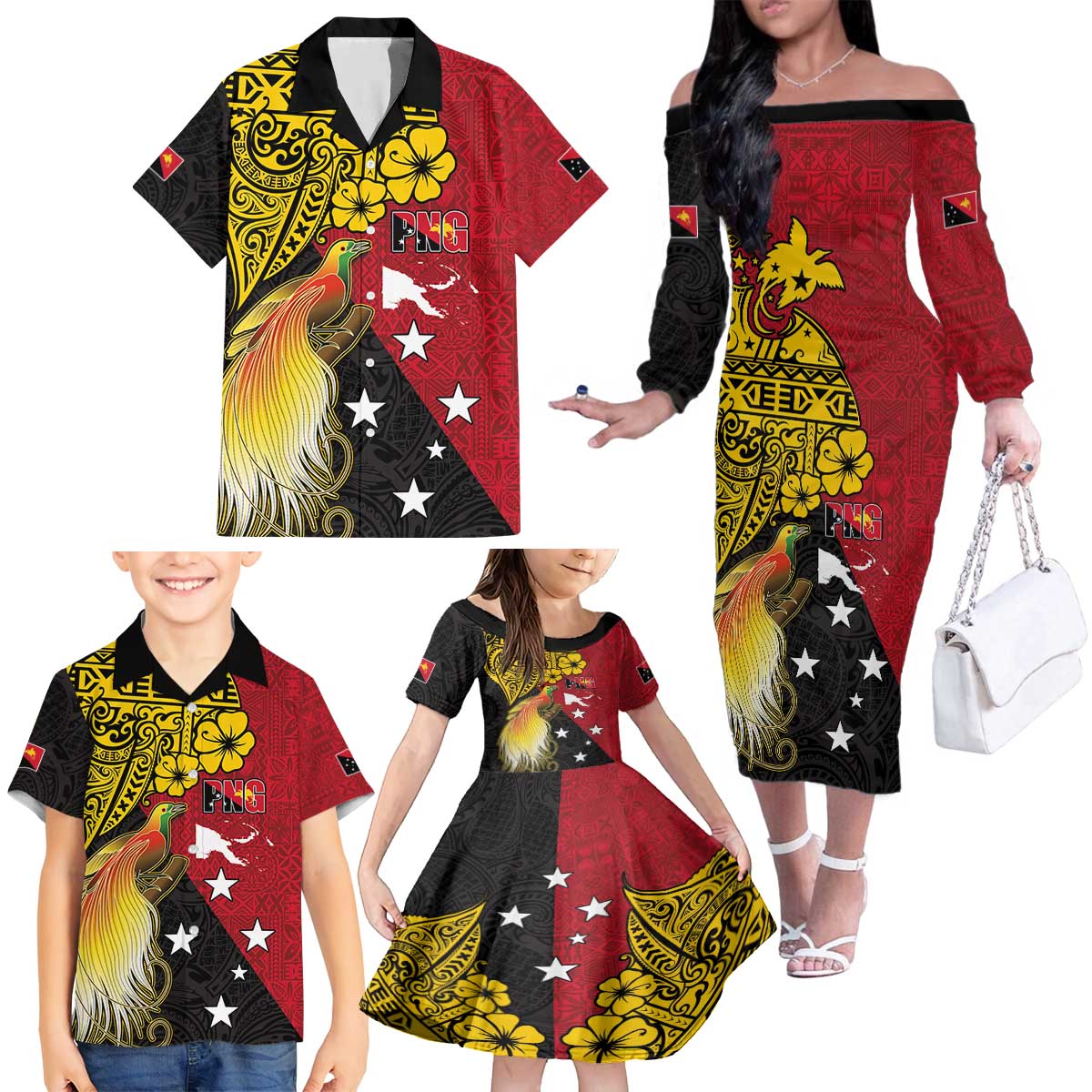 Papua New Guinea Independence Day Family Matching Off The Shoulder Long Sleeve Dress and Hawaiian Shirt Bird-of-Paradise with Map and Polynesian Pattern LT03 - Polynesian Pride