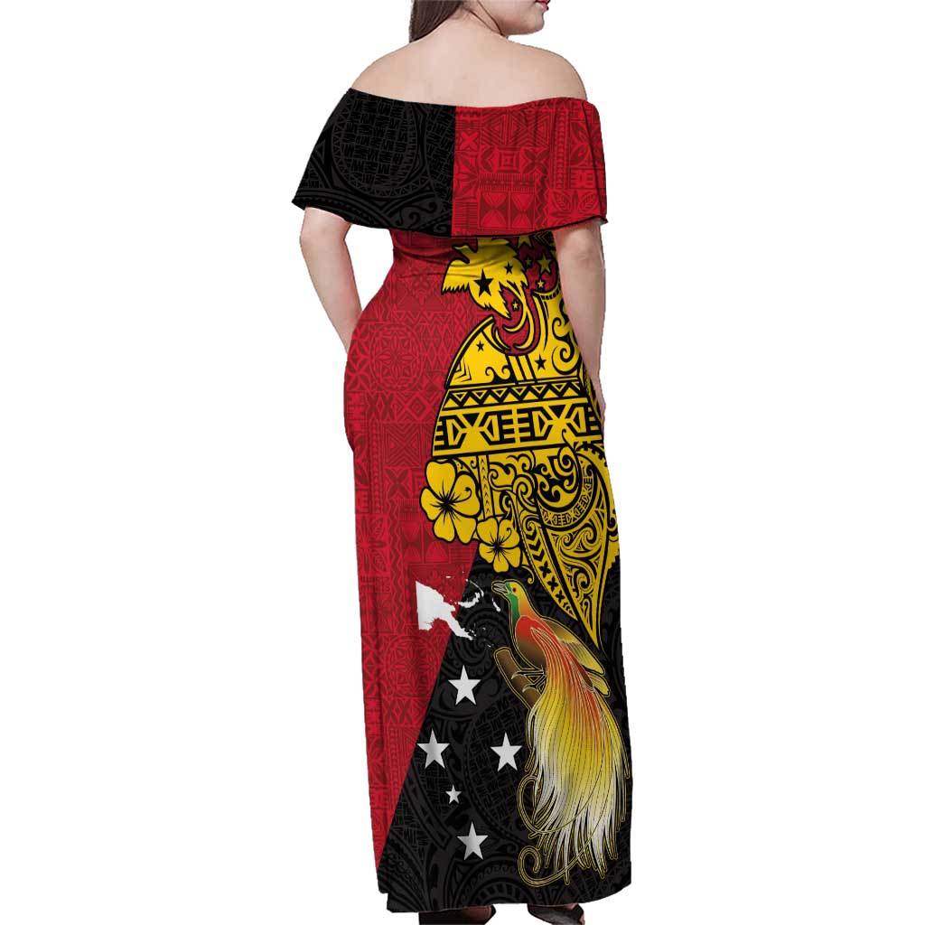 Papua New Guinea Independence Day Family Matching Off Shoulder Maxi Dress and Hawaiian Shirt Bird-of-Paradise with Map and Polynesian Pattern LT03 - Polynesian Pride